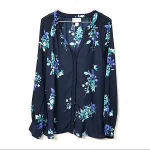 Ava & Viv Floral Navy Teal Sheer Lightweight Top X